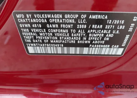 2016 Volkswagen Passat 1.8T Se из США, поврежденный, VIN 1VWBT7A37GC024318